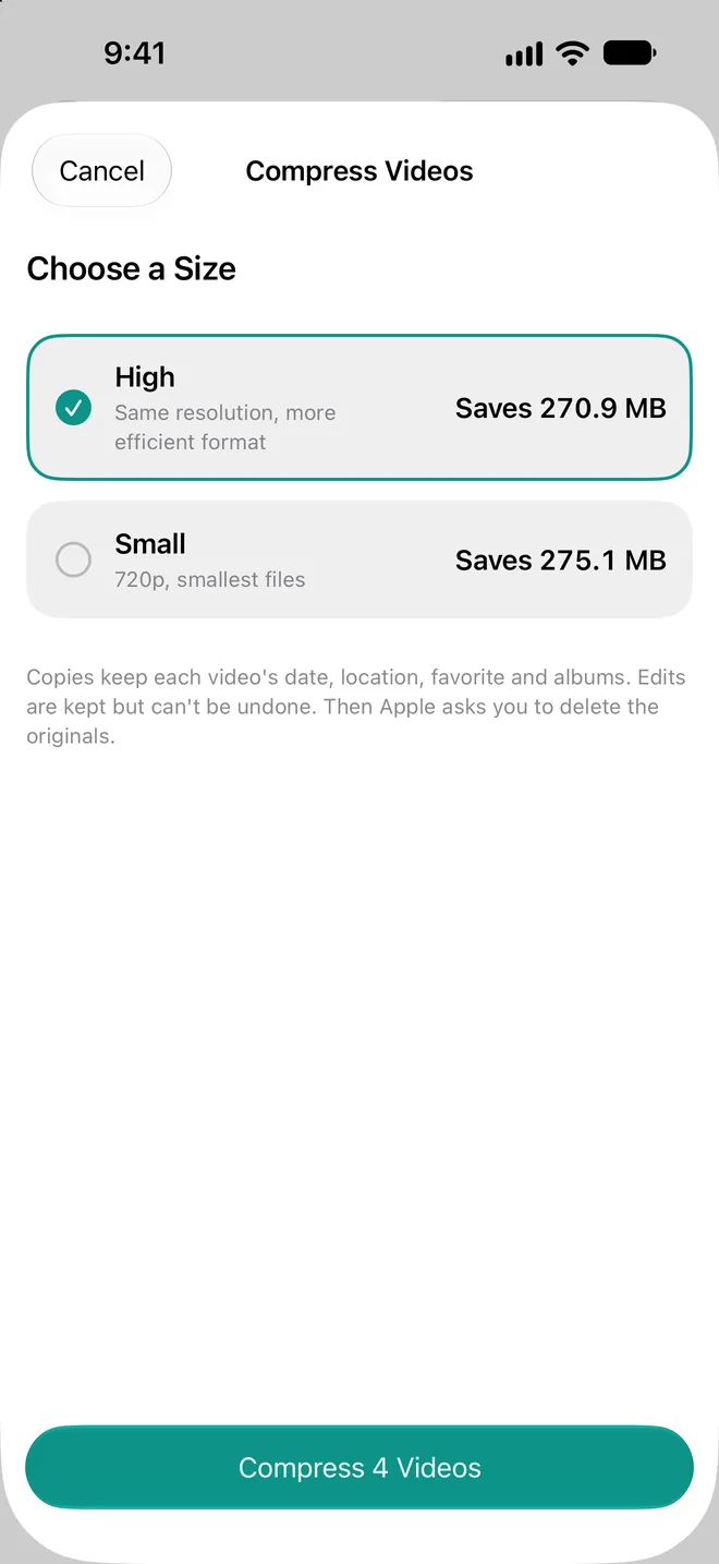 Video compression options with the space each one saves